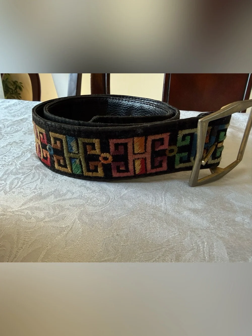 Embroidered Multicolor Belt with Brass Buckle